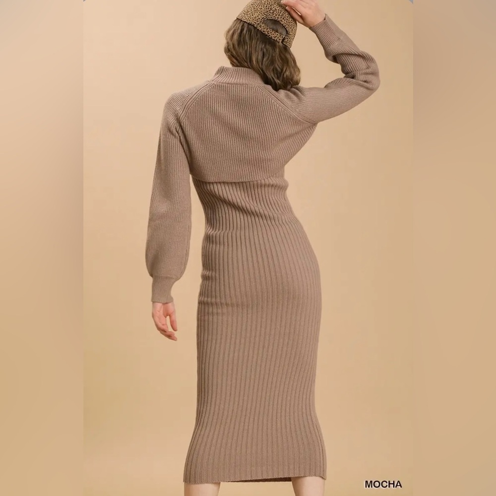 Elegant Tan Ribbed 2 Piece Knit Dress - Picture 2 of 5